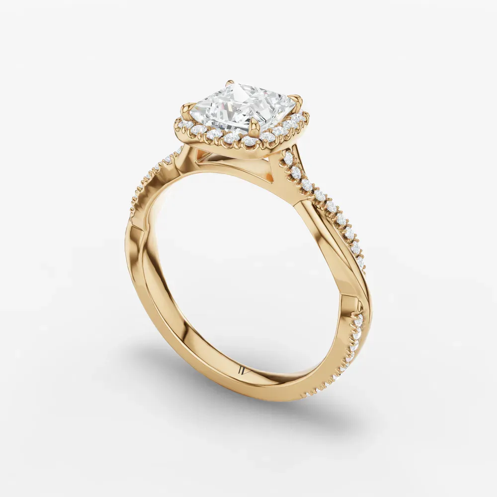Certified 1 carat Lab Grown Diamond Princess Cut Twist, Cathedral, Pavé Engagement Ring in 14K Yellow Gold-Itic
