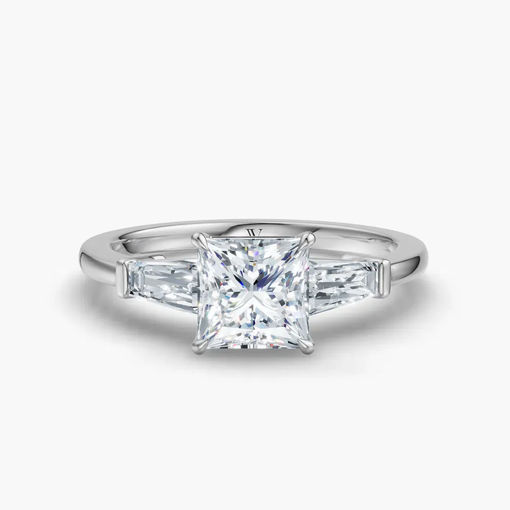 Certified 1 carat Lab Grown Diamond Princess Cut Three Stone, Baguette, Cathedral Engagement Ring in 14K White Gold-Glyss