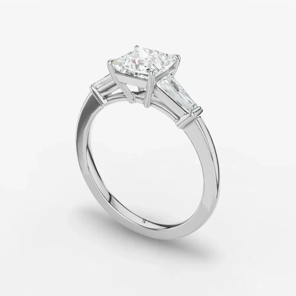 Certified 1 carat Lab Grown Diamond Princess Cut Three Stone, Baguette, Cathedral Engagement Ring in 14K White Gold-Glyss