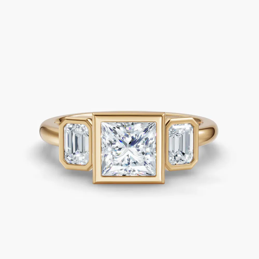 Certified 1 carat Lab Grown Diamond Princess Cut Three Stone, Bezel, Low profile Engagement Ring in 14K Yellow Gold-Elix