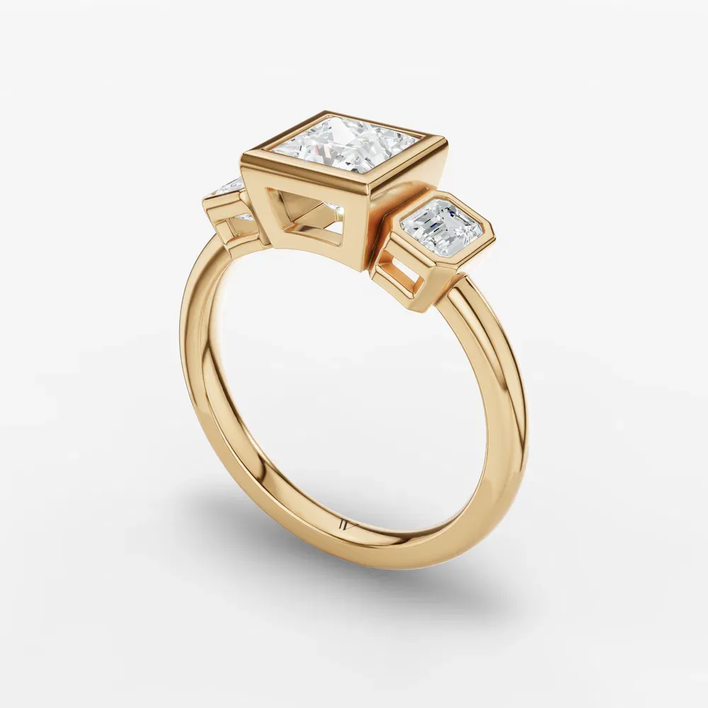 Certified 1 carat Lab Grown Diamond Princess Cut Three Stone, Bezel, Low profile Engagement Ring in 14K Yellow Gold-Elix