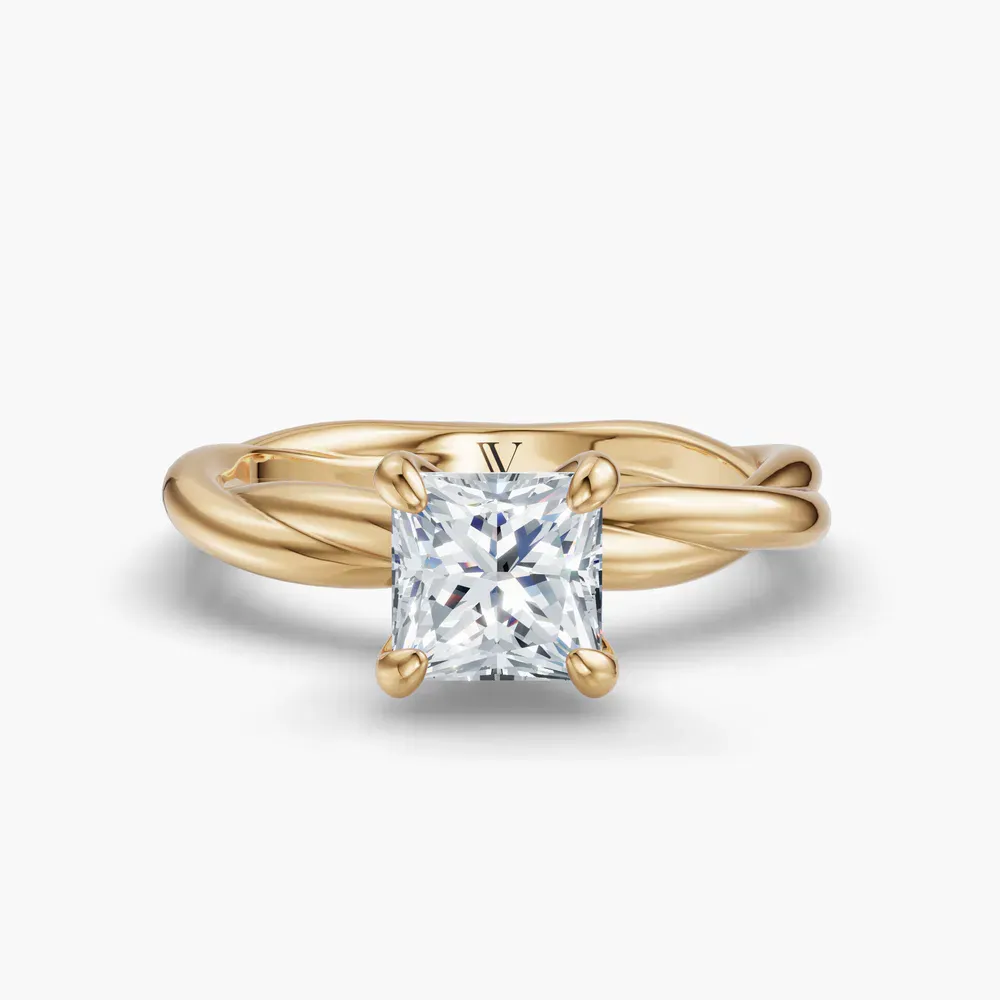 Certified 1 carat Lab Grown Diamond Princess Cut Solitaire, Twist Engagement Ring in 14K Yellow Gold-Fyora