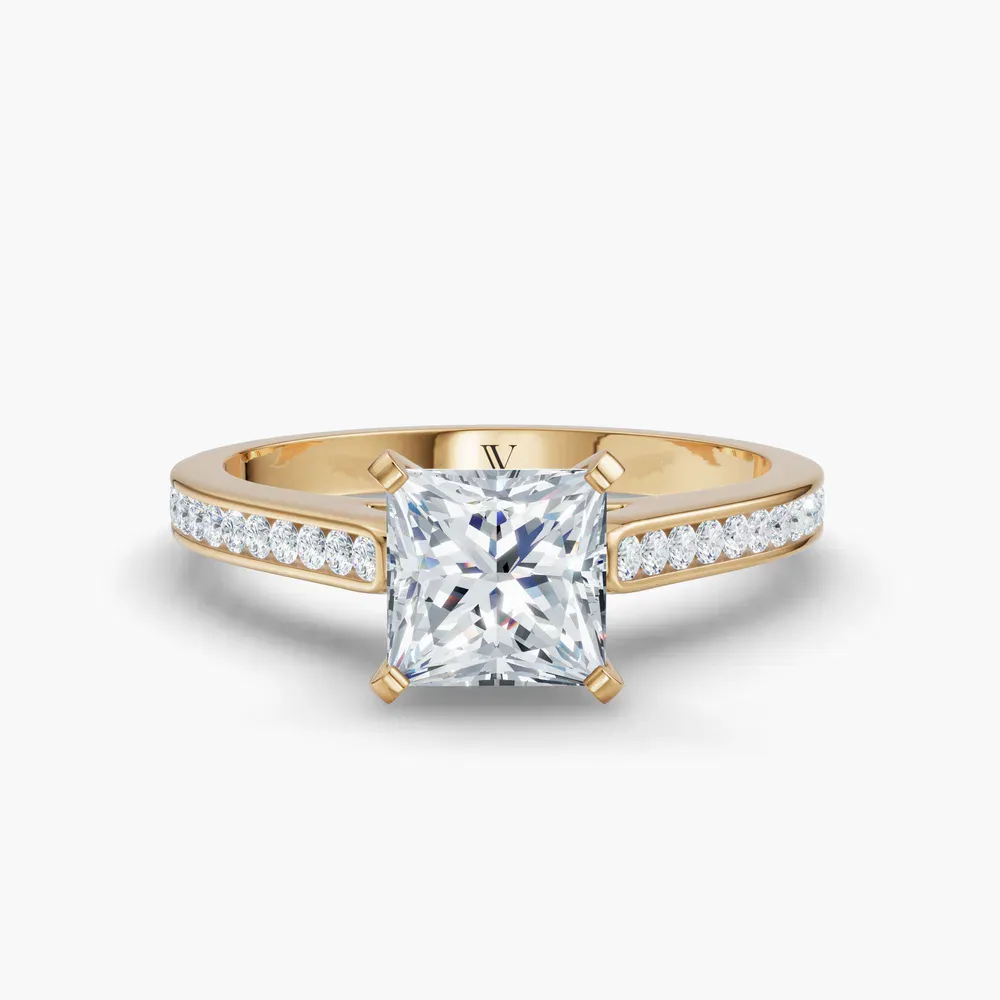 Certified 1 carat Lab Grown Diamond Princess Cut Cathedral, Channel Set Engagement Ring in 14K Yellow Gold-Velora