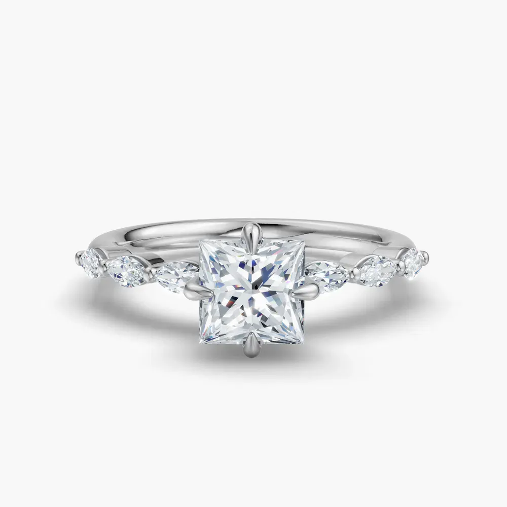 Certified 1 carat Lab Grown Diamond Princess Cut Side Stone Engagement Ring in 14K White Gold-Garo