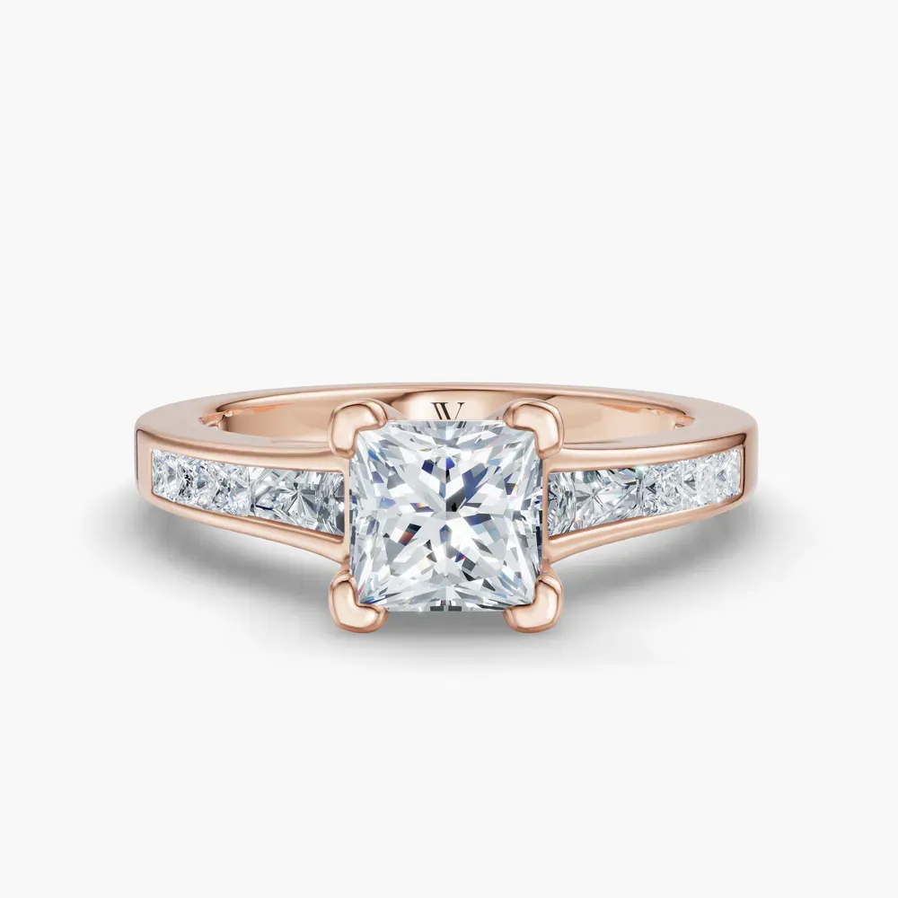 Certified 1 carat Lab Grown Diamond Princess Cut Channel Set, Baguette, Cathedral Engagement Ring in 14K Rose Gold-Gwynv