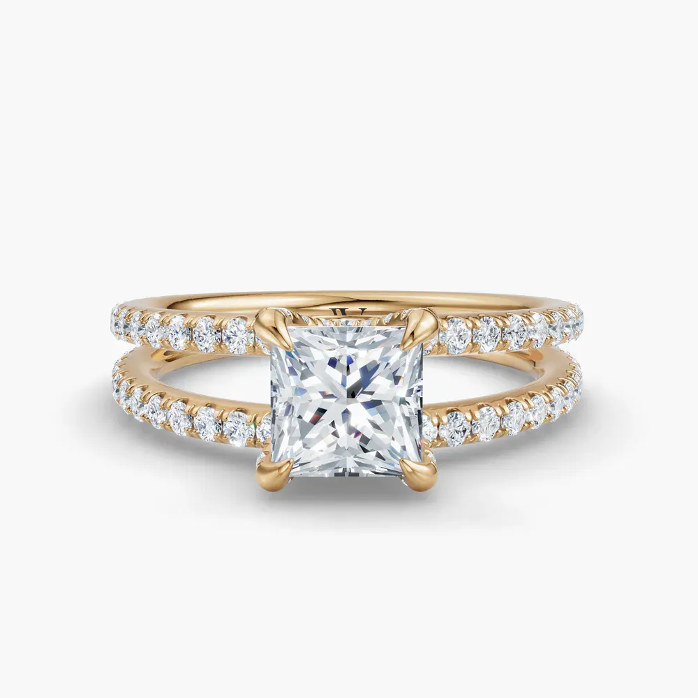 Certified 1 carat Lab Grown Diamond Princess Cut Pavé, Split Shank, Hidden Halo Engagement Ring in 14K Yellow Gold-Soren