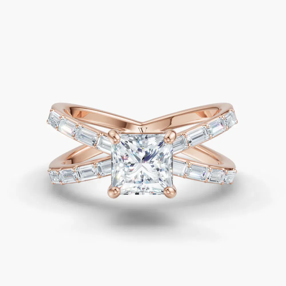 Certified 1 carat Lab Grown Diamond Princess Cut Baguette, Unique, Split Shank Engagement Ring in 14K Rose Gold-Luminara