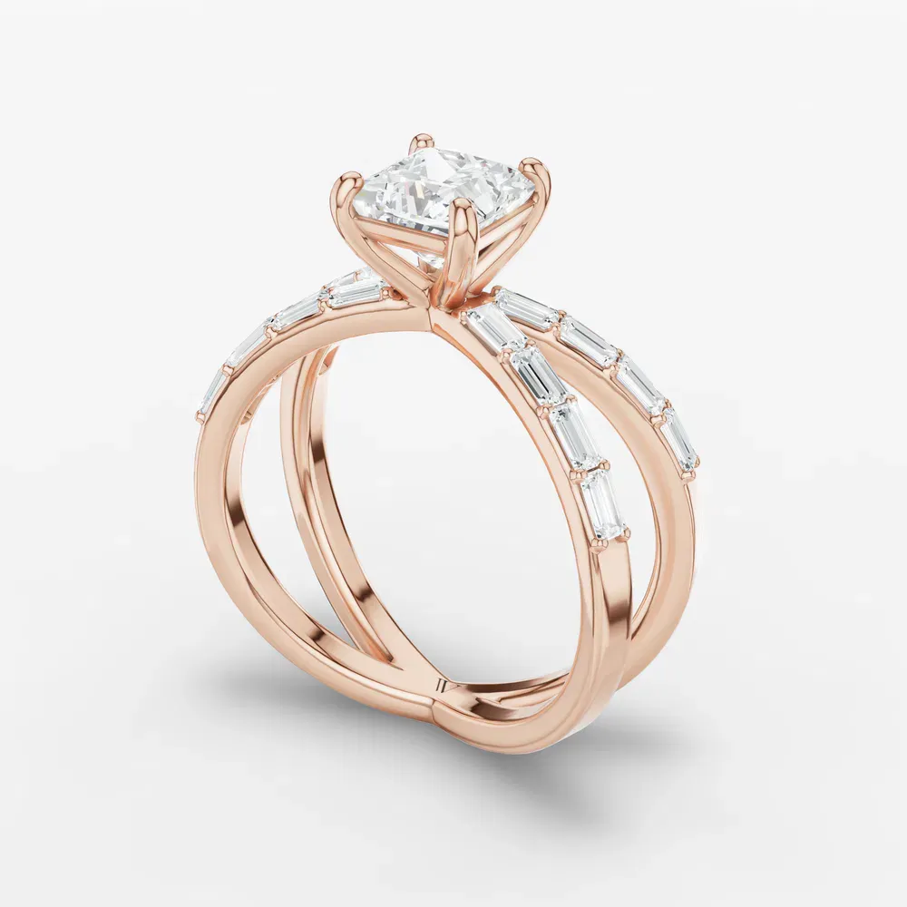 Certified 1 carat Lab Grown Diamond Princess Cut Baguette, Unique, Split Shank Engagement Ring in 14K Rose Gold-Luminara