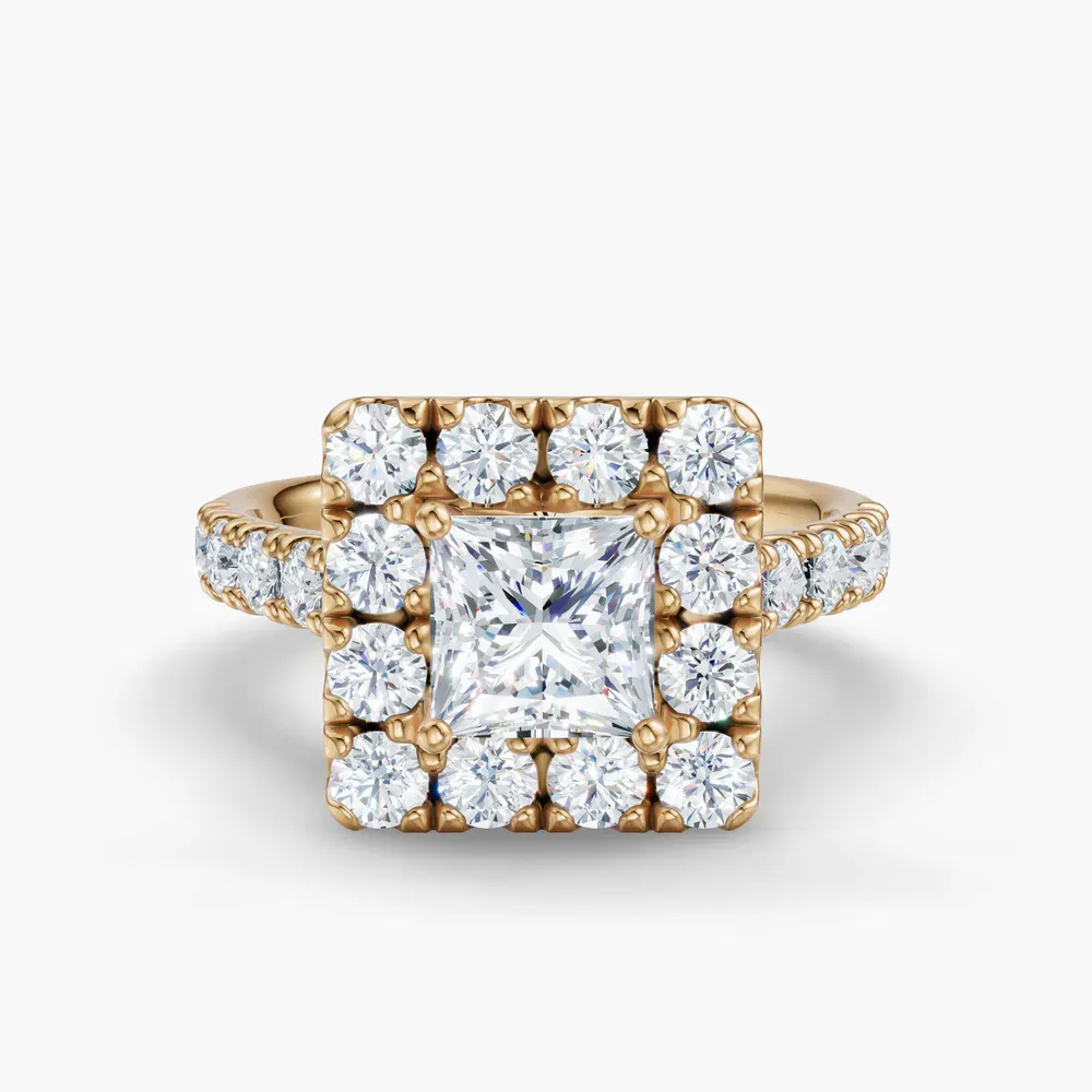 Certified 1 carat Lab Grown Diamond Princess Cut Halo, Pavé, Cathedral Engagement Ring in 14K Yellow Gold-Astrid