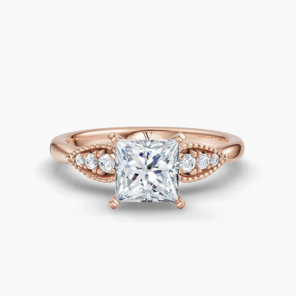 Certified 1 carat Lab Grown Diamond Princess Cut Milgrain, Vintage, Side Stone Engagement Ring in 14K Rose Gold-Yerlin