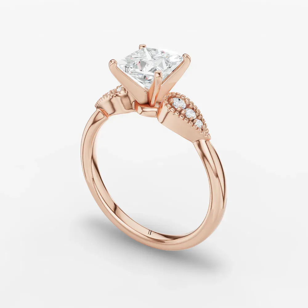 Certified 1 carat Lab Grown Diamond Princess Cut Milgrain, Vintage, Side Stone Engagement Ring in 14K Rose Gold-Yerlin