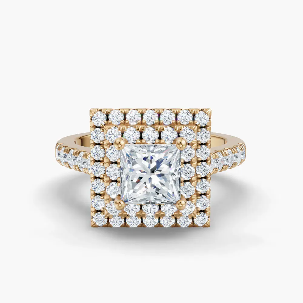 Certified 1 carat Lab Grown Diamond Princess Cut Halo, Pavé, Double halo Engagement Ring in 14K Yellow Gold-Brexa
