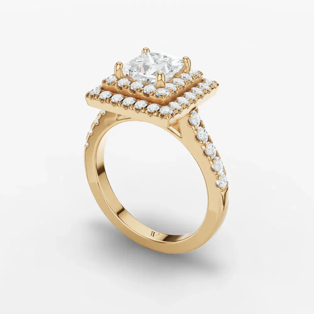 Certified 1 carat Lab Grown Diamond Princess Cut Halo, Pavé, Double halo Engagement Ring in 14K Yellow Gold-Brexa