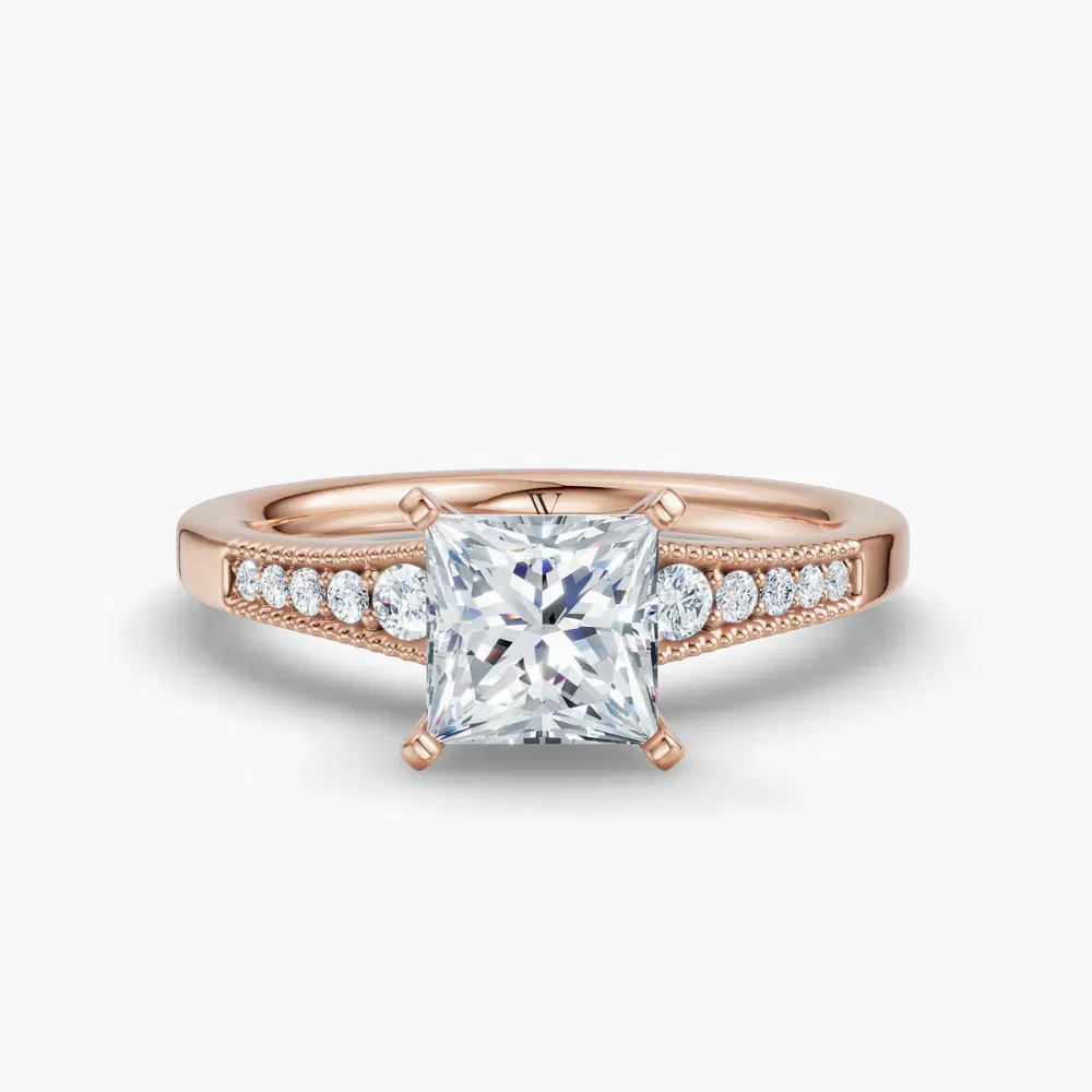 Certified 1 carat Lab Grown Diamond Princess Cut Milgrain, Pavé, Side Stone Engagement Ring in 14K Rose Gold-Rosca
