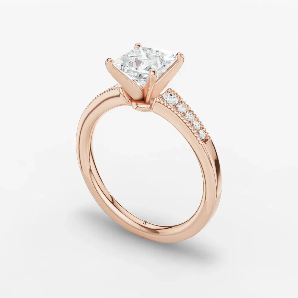 Certified 1 carat Lab Grown Diamond Princess Cut Milgrain, Pavé, Side Stone Engagement Ring in 14K Rose Gold-Rosca