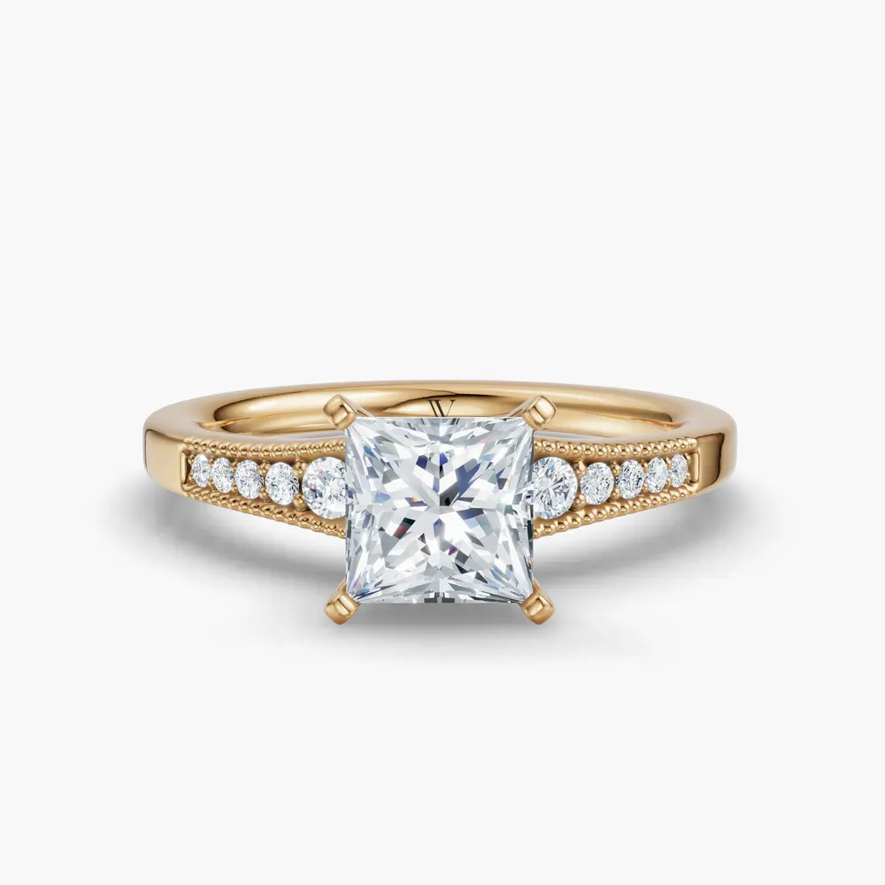 Certified 1 carat Lab Grown Diamond Princess Cut Milgrain, Pavé, Side Stone Engagement Ring in 14K Yellow Gold-Rosca