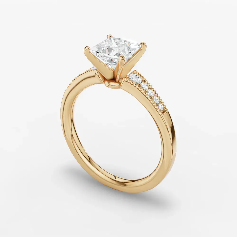 Certified 1 carat Lab Grown Diamond Princess Cut Milgrain, Pavé, Side Stone Engagement Ring in 14K Yellow Gold-Rosca