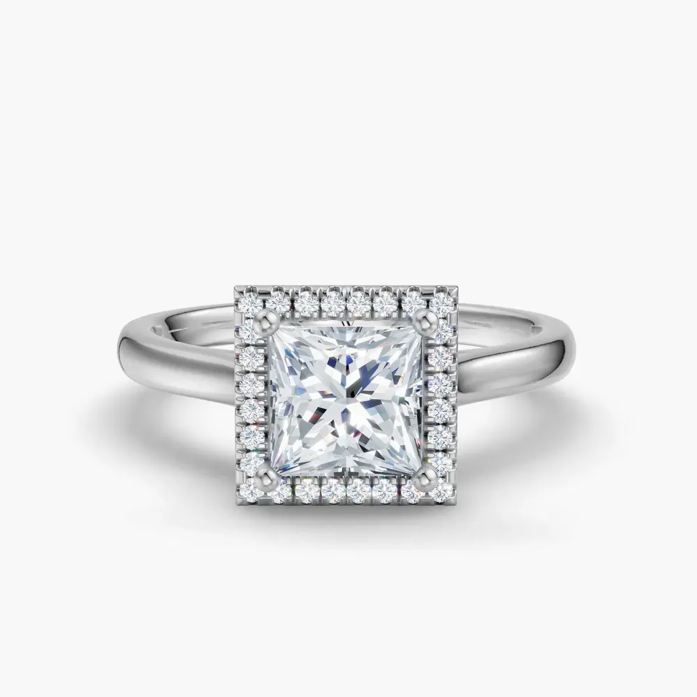 Certified 1 carat Lab Grown Diamond Princess Cut Halo, Cathedral Engagement Ring in 14K White Gold-Pejr
