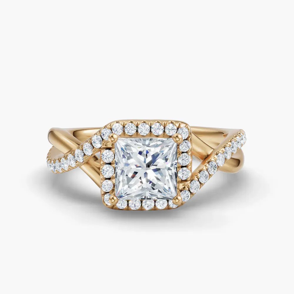 Certified 1 carat Lab Grown Diamond Princess Cut Halo, Pavé, Twist Engagement Ring in 14K Yellow Gold-Dell