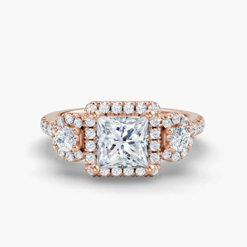 Certified 1 carat Lab Grown Diamond Princess Cut Three Stone, Halo, Hidden Halo Engagement Ring in 14K Rose Gold-Hylor