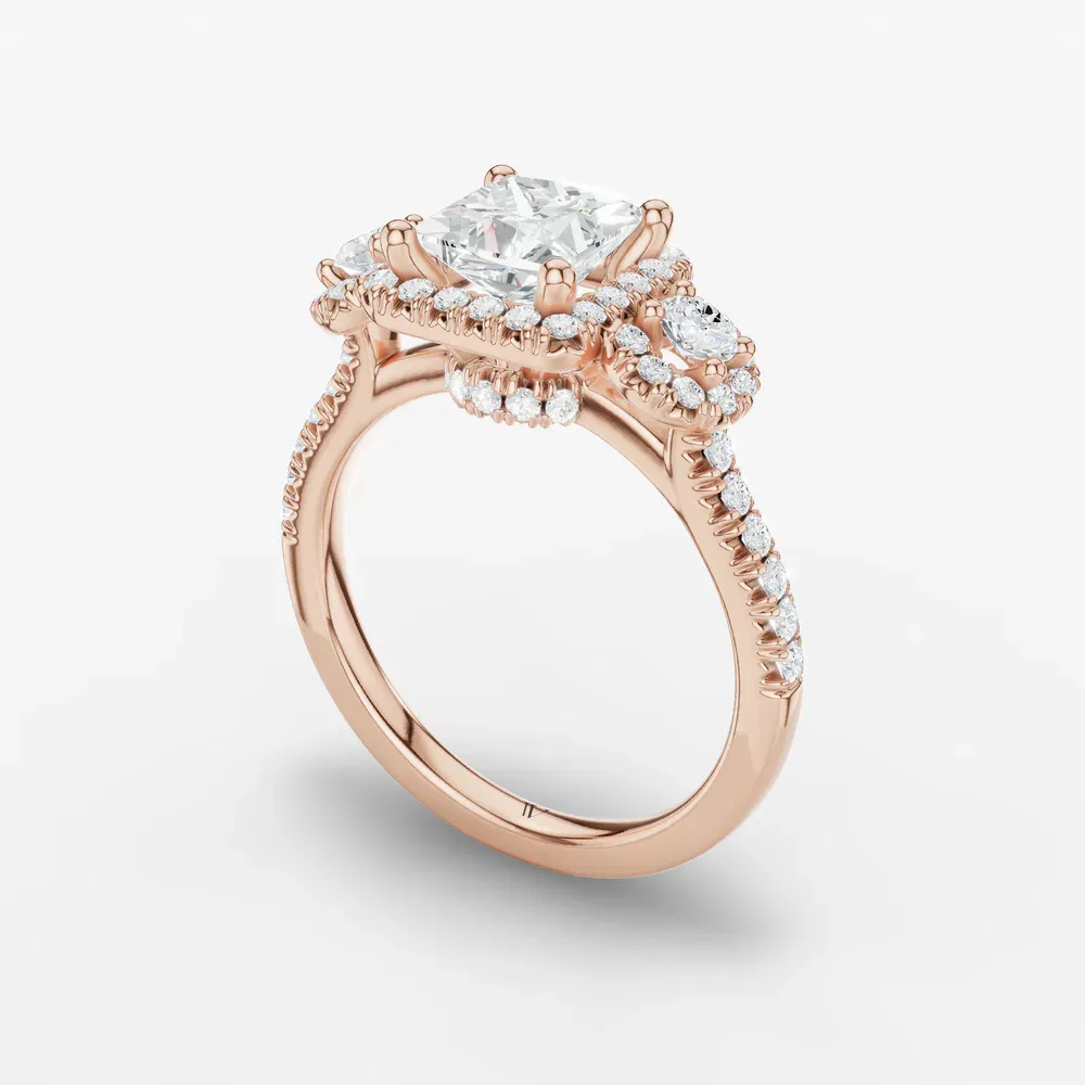 Certified 1 carat Lab Grown Diamond Princess Cut Three Stone, Halo, Hidden Halo Engagement Ring in 14K Rose Gold-Hylor