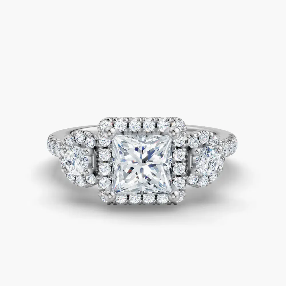 Certified 1 carat Lab Grown Diamond Princess Cut Three Stone, Halo, Hidden Halo Engagement Ring in 14K White Gold-Hylor