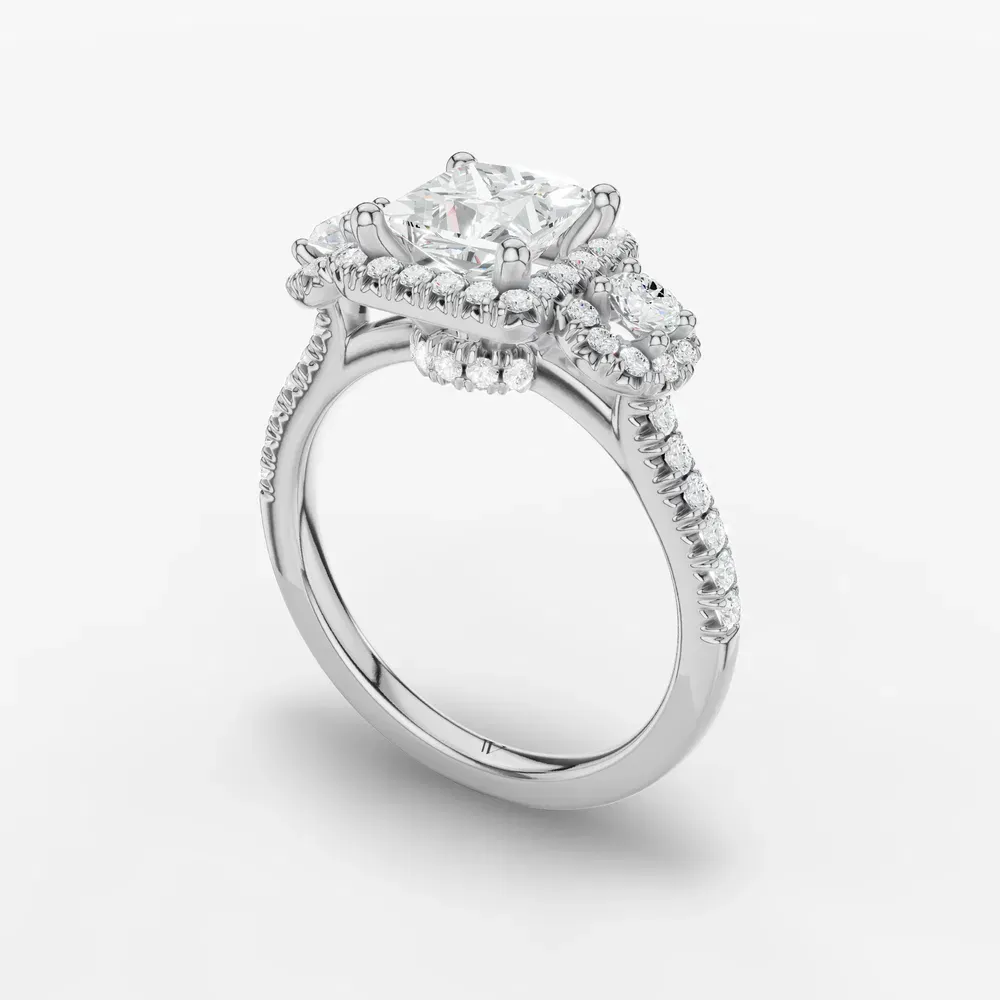 Certified 1 carat Lab Grown Diamond Princess Cut Three Stone, Halo, Hidden Halo Engagement Ring in 14K White Gold-Hylor