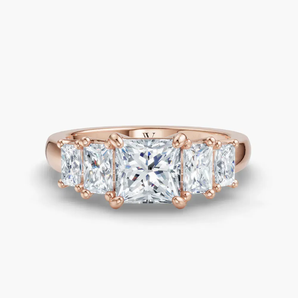 Certified 1 carat Lab Grown Diamond Princess Cut Five Stone, Side Stone Engagement Ring in 14K Rose Gold-Velaris