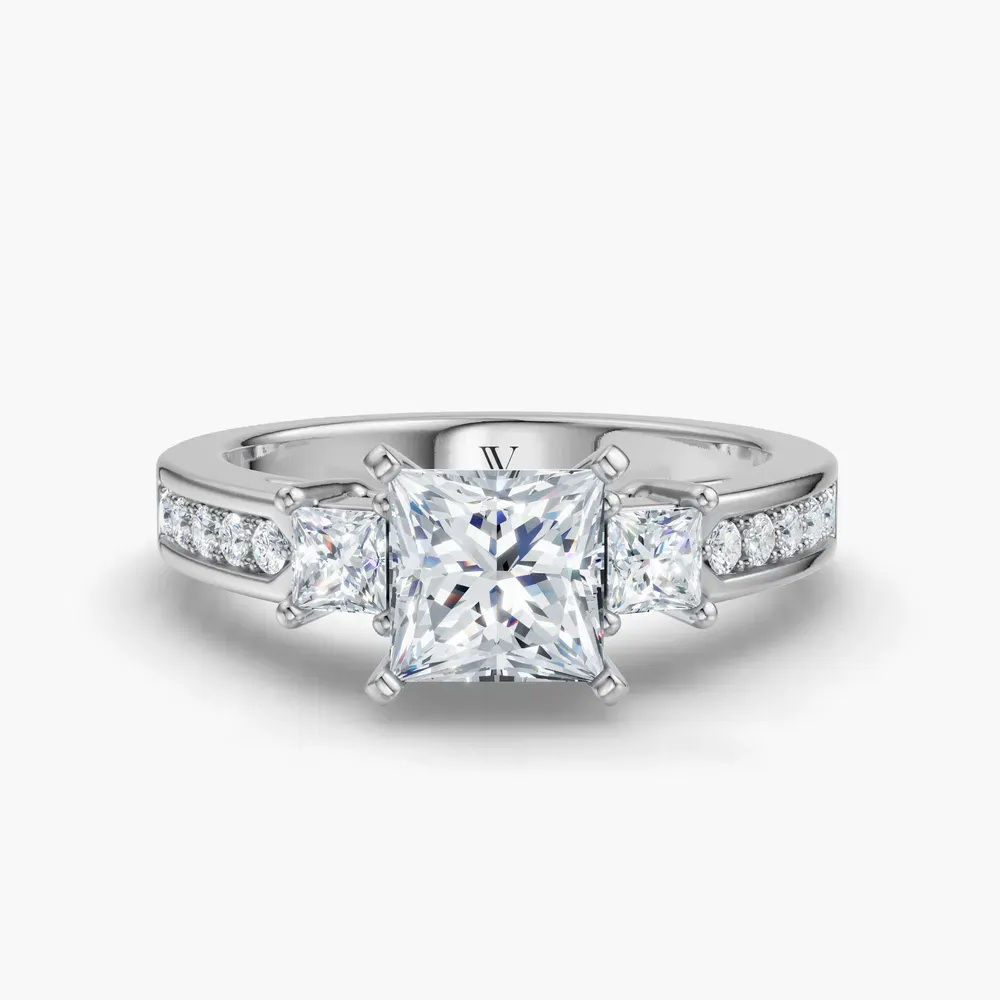 Certified 1 carat Lab Grown Diamond Princess Cut Three Stone, Pavé, Channel Set Engagement Ring in 14K White Gold-Velis