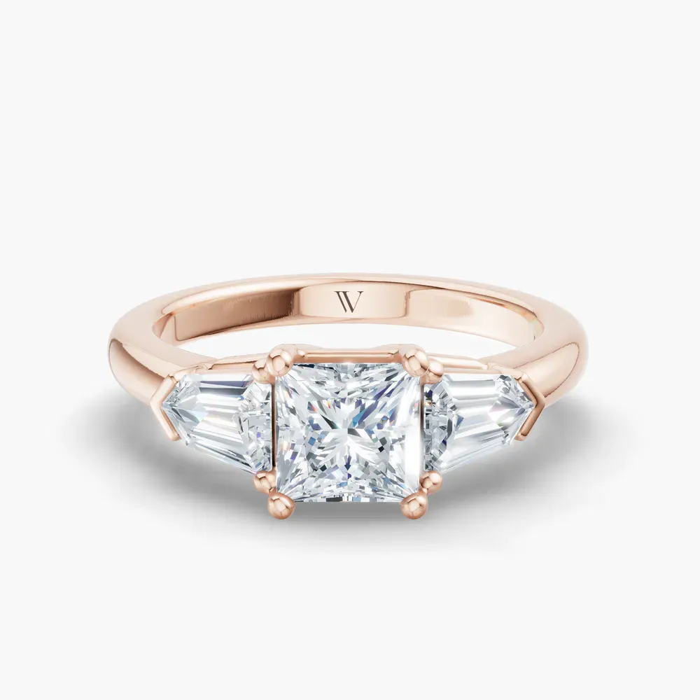 Certified 1 carat Lab Grown Diamond Princess Cut Three Stone, Side Stone Engagement Ring in 14K Rose Gold-Lyris