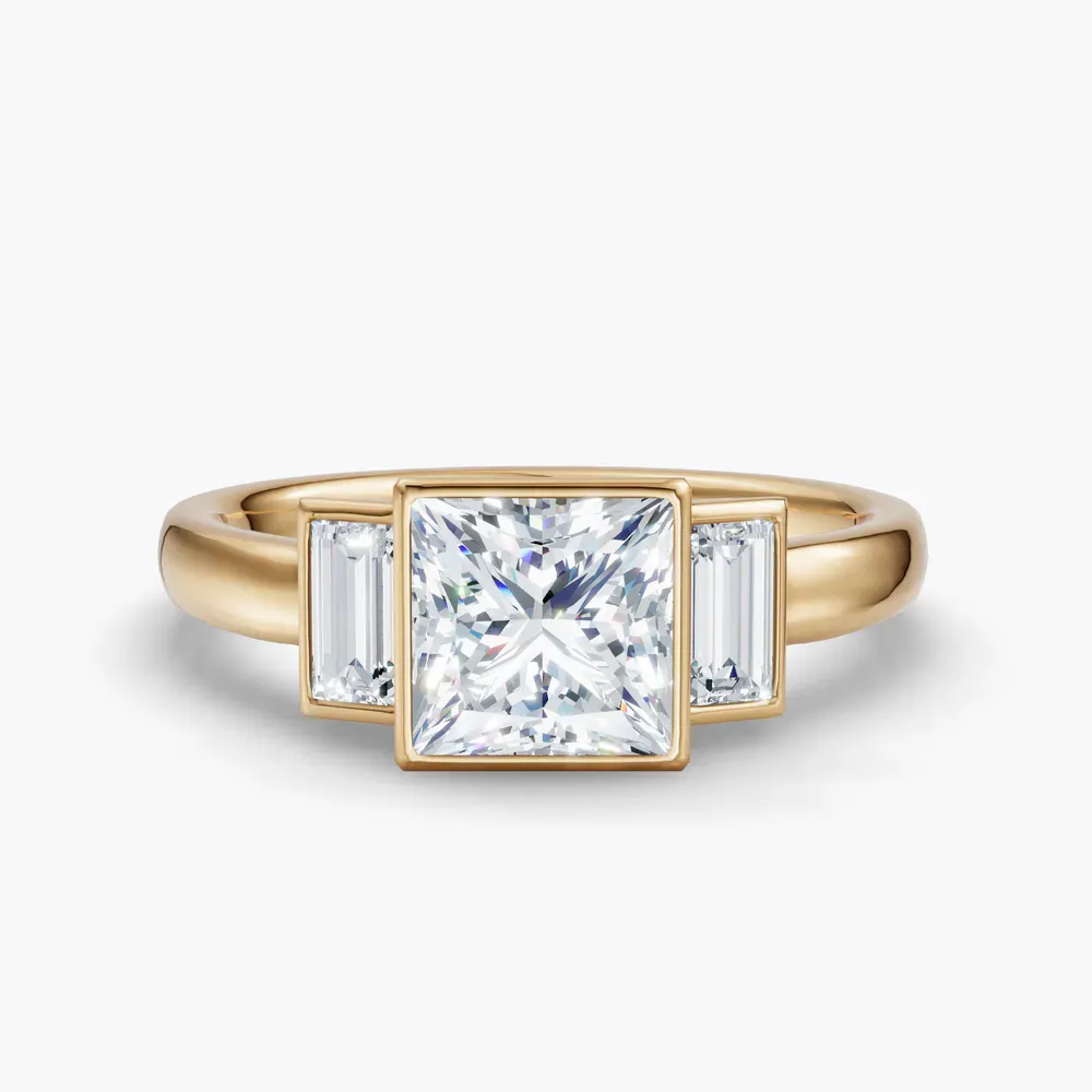 Certified 1 carat Lab Grown Diamond Princess Cut Three Stone, Bezel, Baguette Engagement Ring in 14K Yellow Gold-Kine