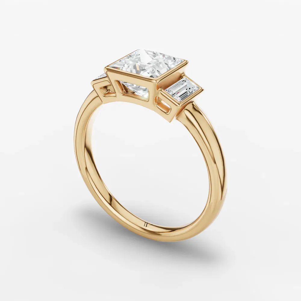 Certified 1 carat Lab Grown Diamond Princess Cut Three Stone, Bezel, Baguette Engagement Ring in 14K Yellow Gold-Kine