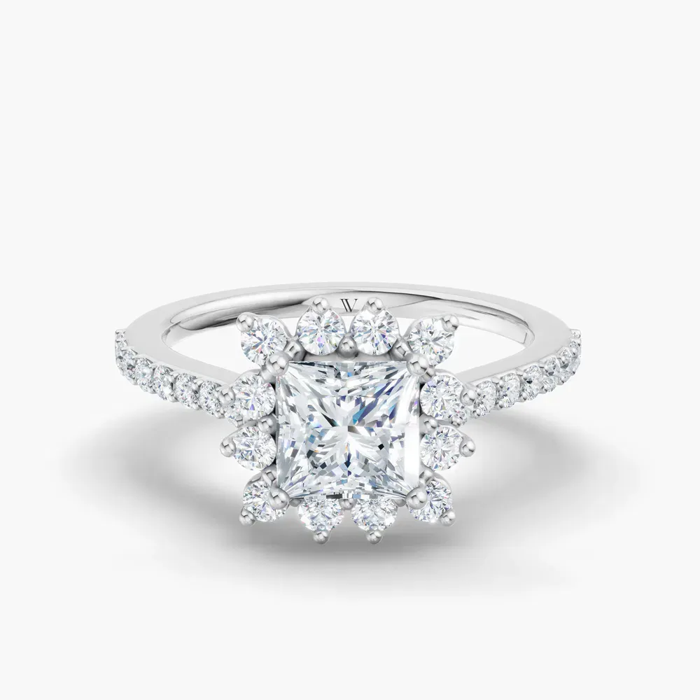Certified 1 carat Lab Grown Diamond Princess Cut Pavé, Halo, Floral Engagement Ring in 14K White Gold-Elite Juniper