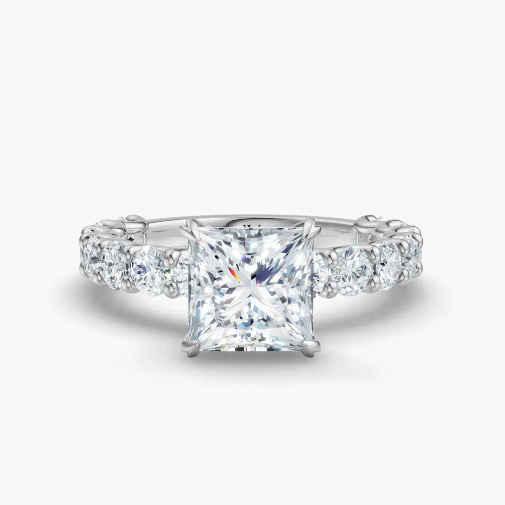 Certified 1 carat Lab Grown Diamond Princess Cut Hidden Halo, Side Stone Engagement Ring in 14K White Gold-Miro