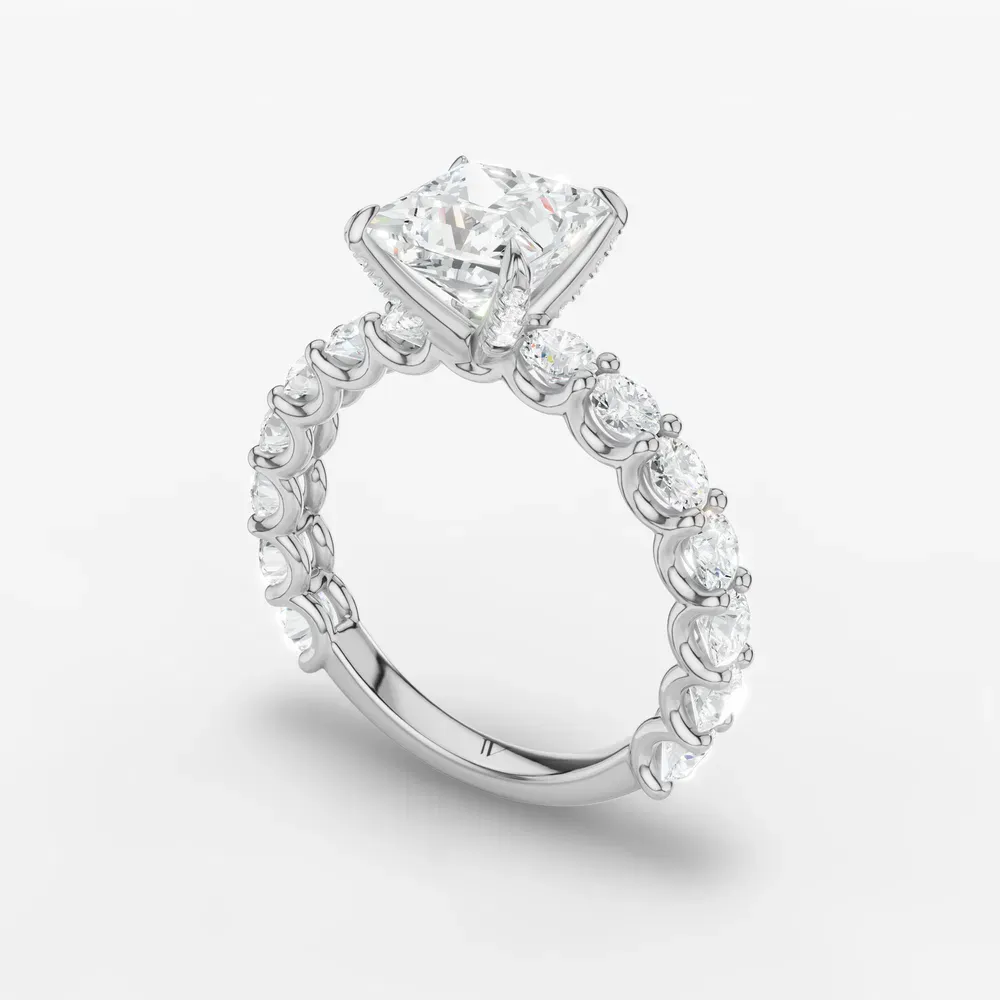 Certified 1 carat Lab Grown Diamond Princess Cut Hidden Halo, Side Stone Engagement Ring in 14K White Gold-Miro
