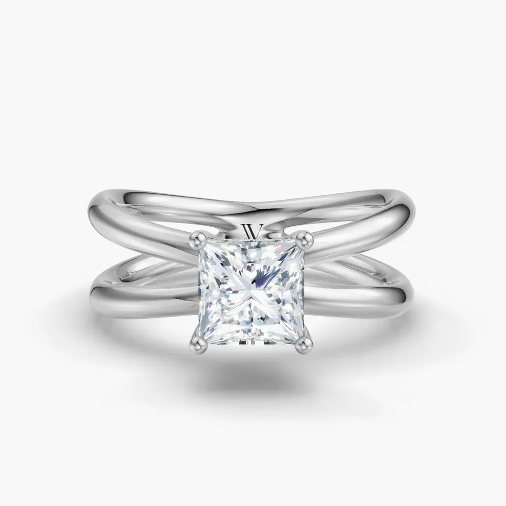 Certified 1 carat Lab Grown Diamond Princess Cut Solitaire, Split Shank, Hidden Halo Engagement Ring in 14K White Gold-Ryn