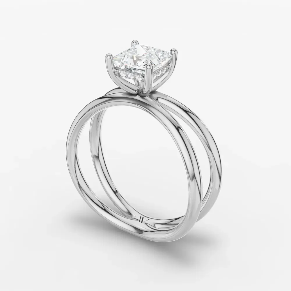 Certified 1 carat Lab Grown Diamond Princess Cut Solitaire, Split Shank, Hidden Halo Engagement Ring in 14K White Gold-Ryn