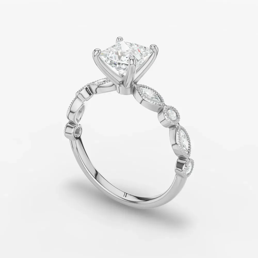 Certified 1 carat Lab Grown Diamond Princess Cut Vintage, Milgrain, Side Stone Engagement Ring in 14K White Gold-Sior