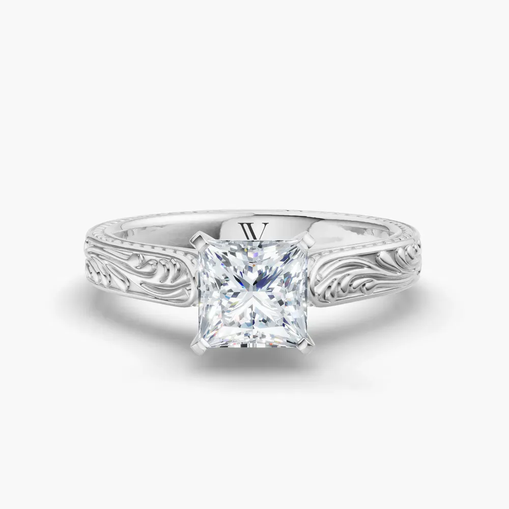 Certified 1 carat Lab Grown Diamond Princess Cut Solitaire, Vintage, Cathedral Engagement Ring in 14K White Gold-Nael