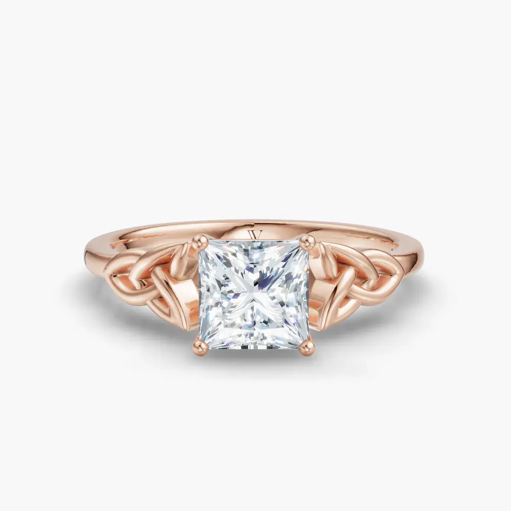 Certified 1 carat Lab Grown Diamond Princess Cut Solitaire, Cathedral, Celtic Engagement Ring in 14K Rose Gold-Vire