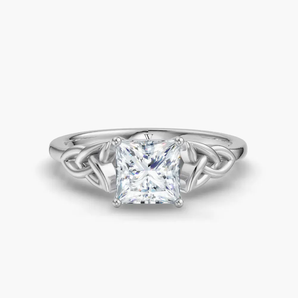 Certified 1 carat Lab Grown Diamond Princess Cut Solitaire, Cathedral, Celtic Engagement Ring in 14K White Gold-Vire