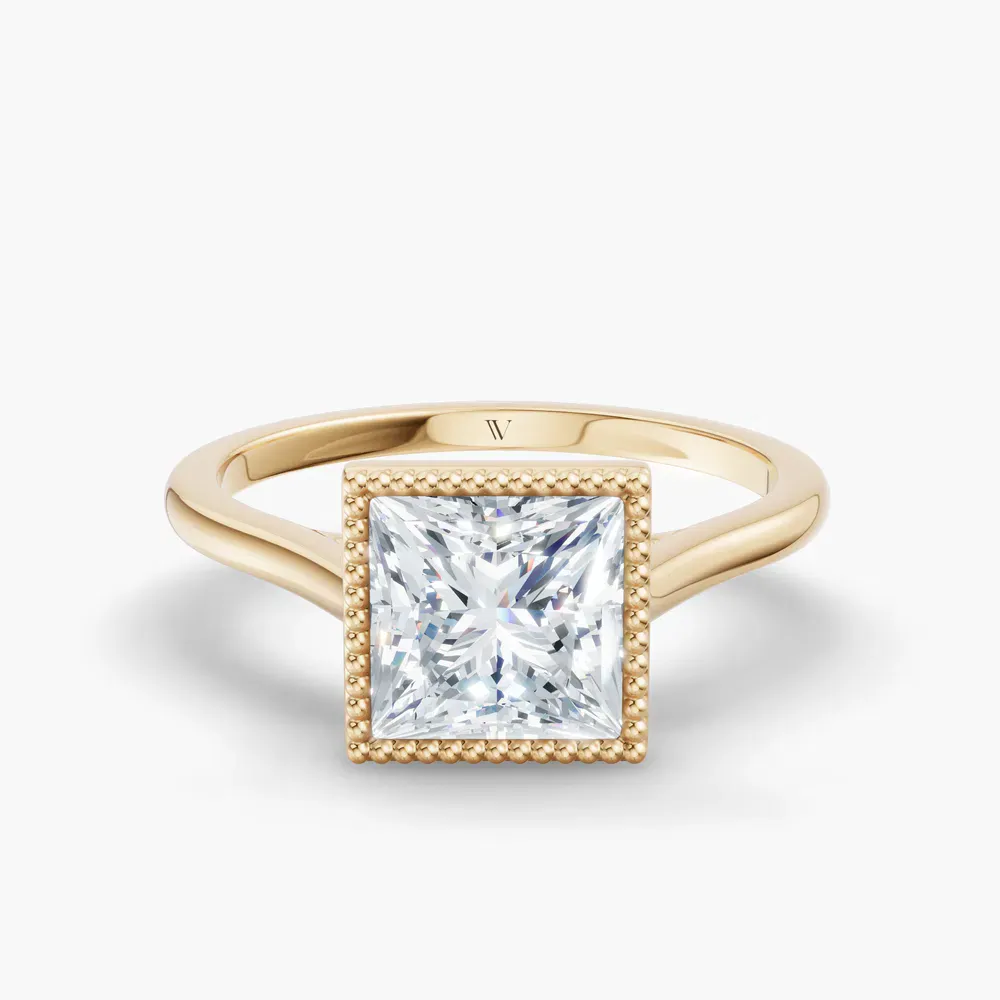 Certified 1 carat Lab Grown Diamond Princess Cut Solitaire, Milgrain, Cathedral Engagement Ring in 14K Yellow Gold-Firen