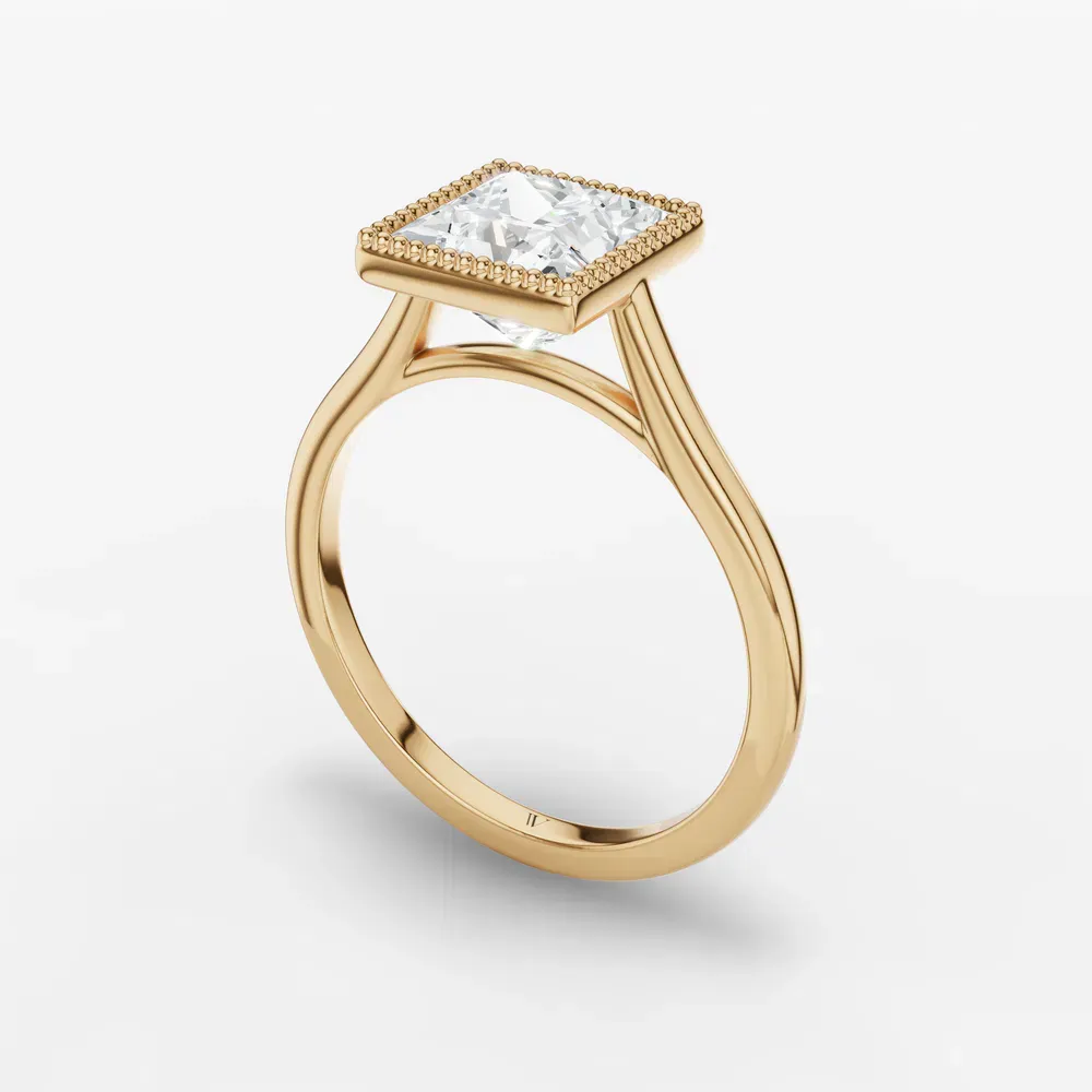 Certified 1 carat Lab Grown Diamond Princess Cut Solitaire, Milgrain, Cathedral Engagement Ring in 14K Yellow Gold-Firen