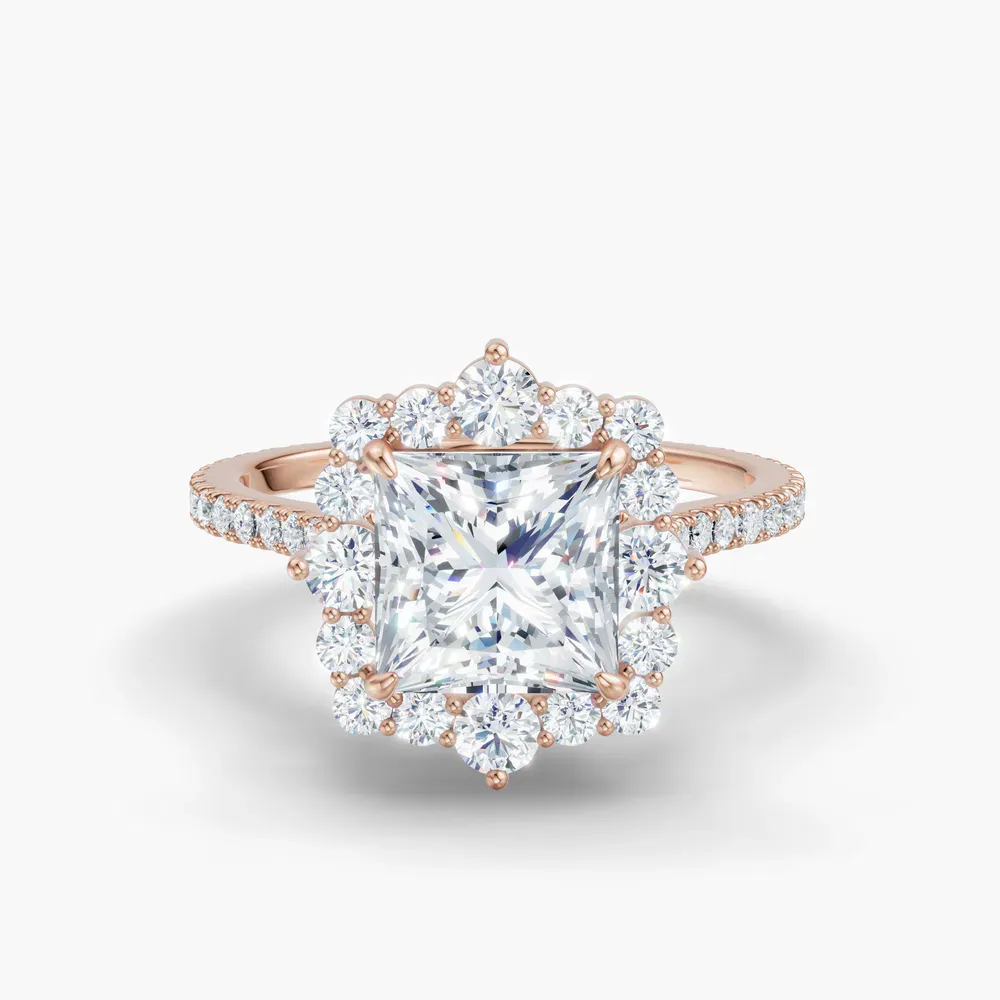Certified 2 carat Lab Grown Diamond Princess Cut Hidden Halo, Halo, Cathedral Engagement Ring in 14K Rose Gold-Cylen