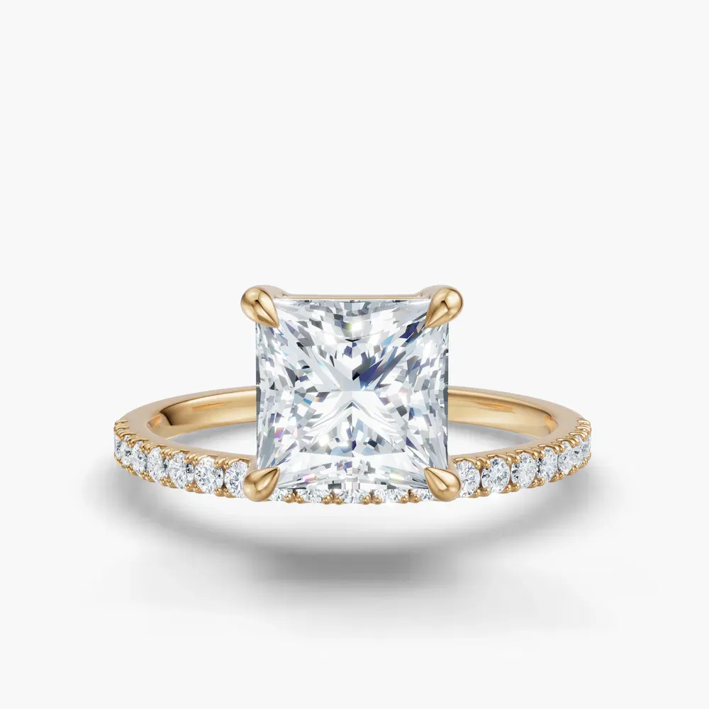 Certified 1 carat Lab Grown Diamond Princess Cut Solitaire, Floating, Side Stone Engagement Ring in 14K Yellow Gold-Vera
