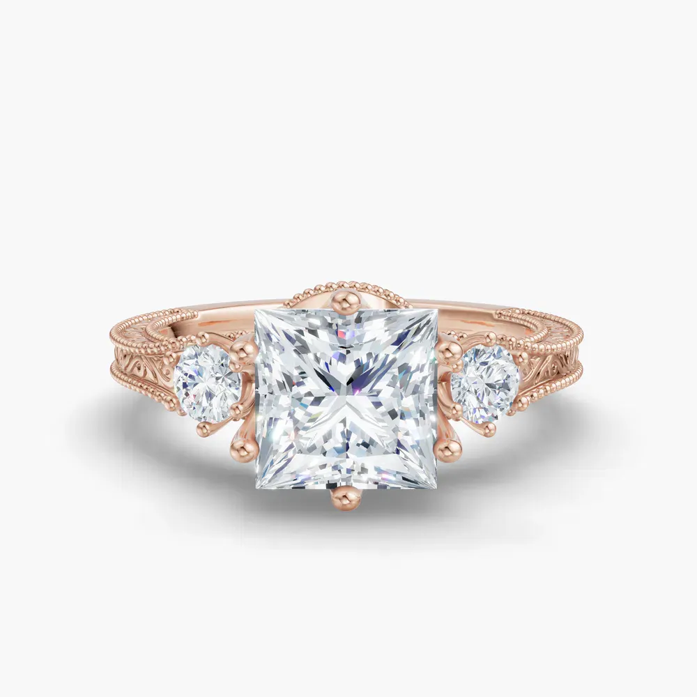 Certified 1 carat Lab Grown Diamond Princess Cut Three Stone, Unique, Milgrain Engagement Ring in 14K Rose Gold-Zara