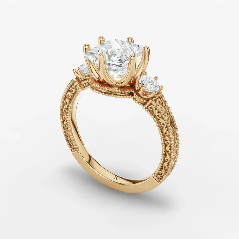 Certified 1 carat Lab Grown Diamond Princess Cut Three Stone, Unique, Milgrain Engagement Ring in 14K Yellow Gold-Zara