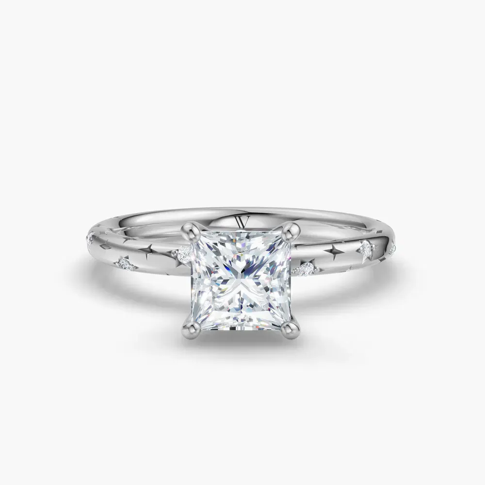 Certified 1 carat Lab Grown Diamond Princess Cut Hidden Halo, Unique, Side Stone Engagement Ring in 14K White Gold-Celestyn