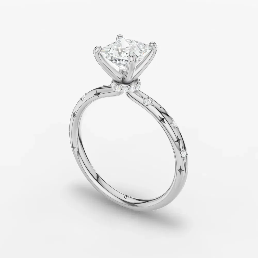 Certified 1 carat Lab Grown Diamond Princess Cut Hidden Halo, Unique, Side Stone Engagement Ring in 14K White Gold-Celestyn