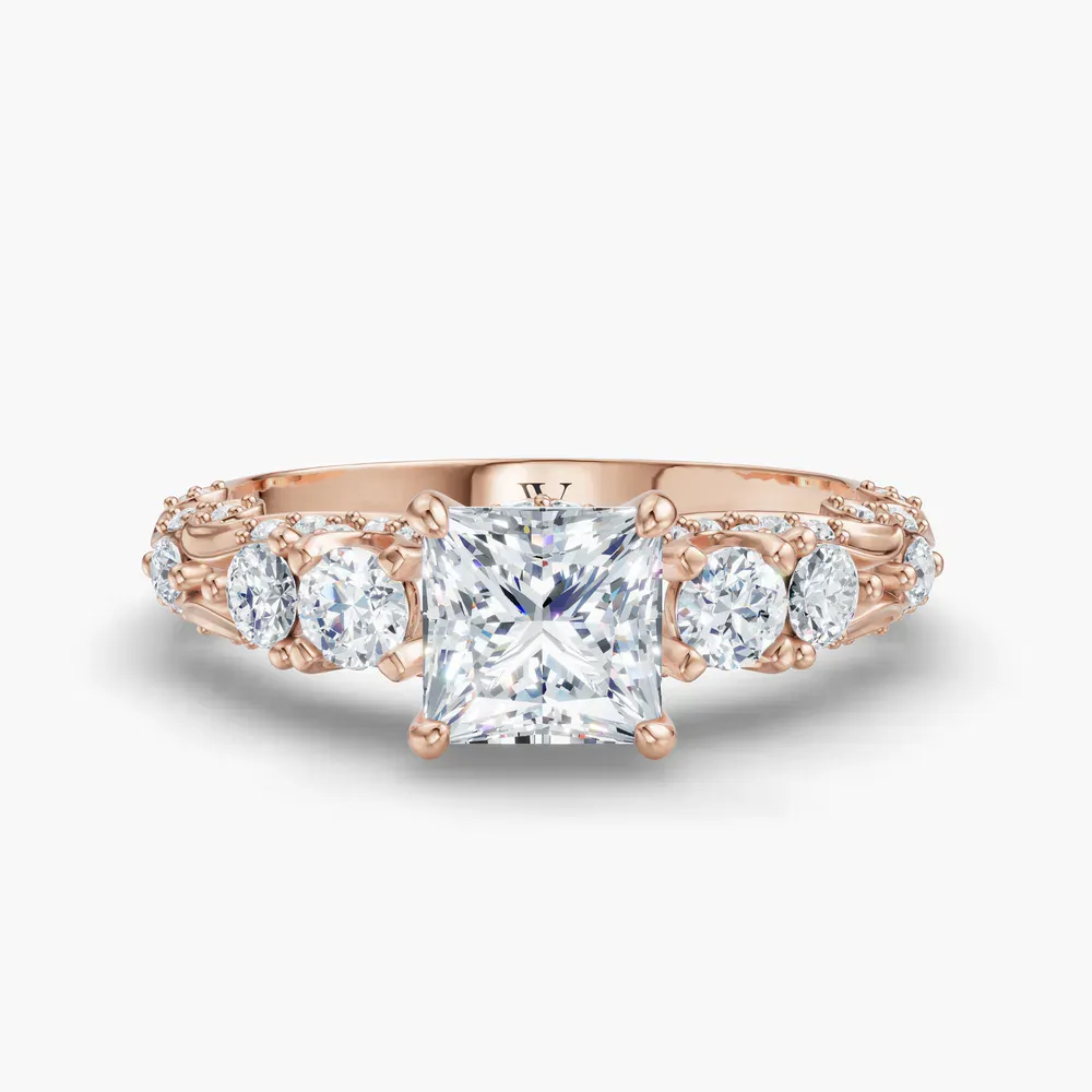 Certified 1 carat Lab Grown Diamond Princess Cut Hidden Halo, Unique, Side Stone Engagement Ring in 14K Rose Gold-Marinia